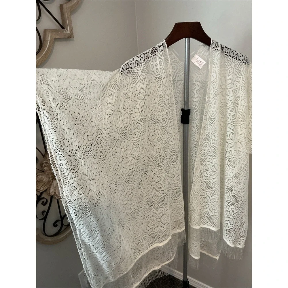 Faded Glory Lace Kimono Fringed Open Front‎ Boho Cardigan Ivory One Size